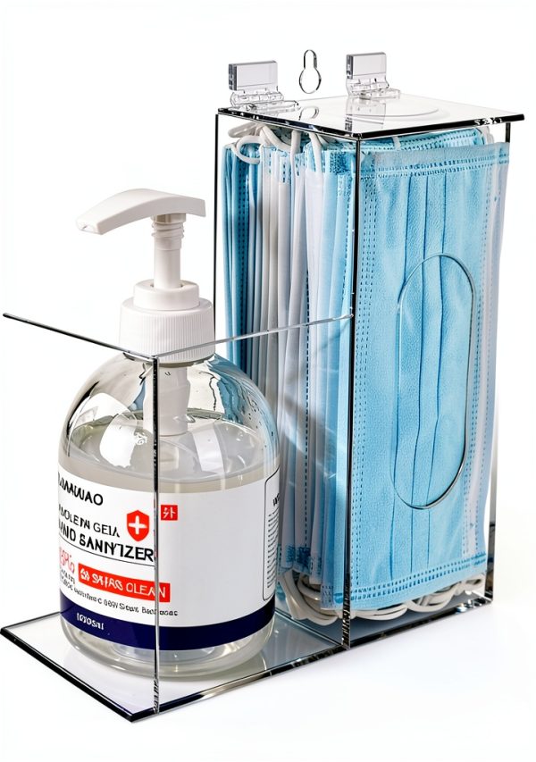SEANADO Face Mask Dispenser and Hand Sanitizer Holder Stand Wall Mount or Countertop, Hygiene Station with 2 Compartment Clear Box Dispenser for Disposable Masks, Hairnets-0
