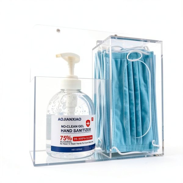 SEANADO Face Mask Dispenser and Hand Sanitizer Holder Stand Wall Mount or Countertop, Hygiene Station with 2 Compartment Clear Box Dispenser for Disposable Masks, Hairnets-1