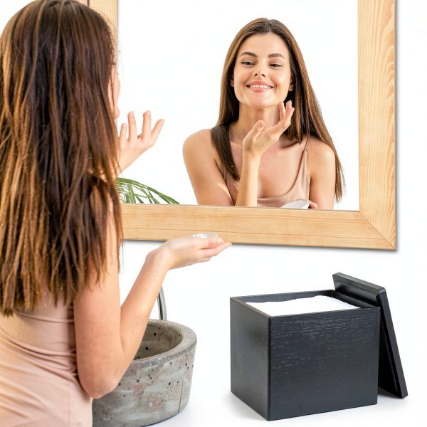 Disposable Face Towel Holder Wooden Facial Towel Storage Box with Lid for XL Black Bathroom Counter Organizer for Makeup Remover Wipes Vanity Travel Essentials-4
