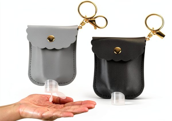 Reusable Hand Sanitizer Holder TLIFOS Leather Keychain – Grey & Black-0